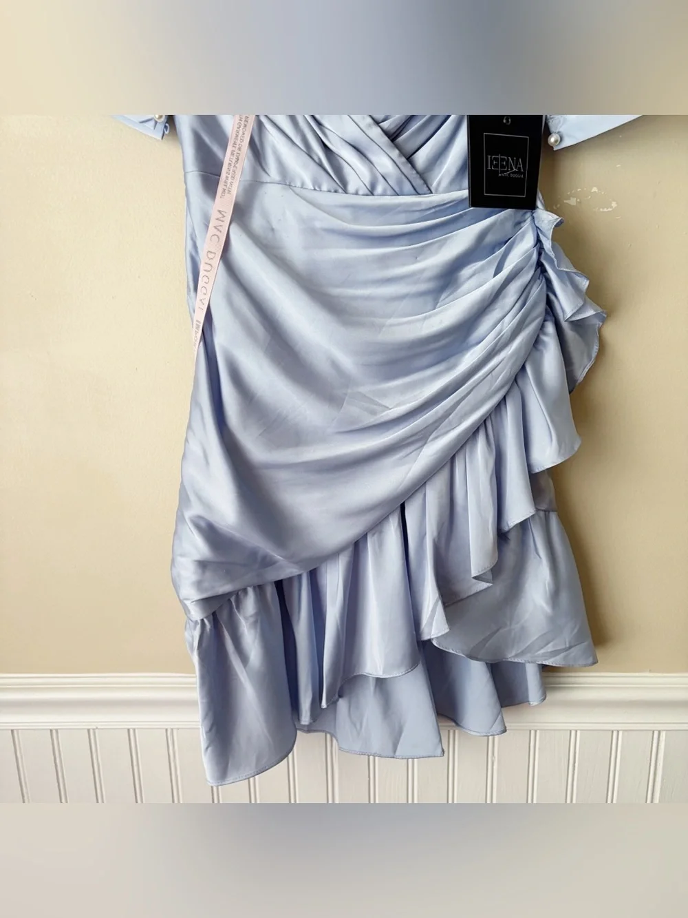 Ieena for Mac Duggal | Short Puff Sleeve Faux Wrap Mini Dress Powder Blue Size 0
